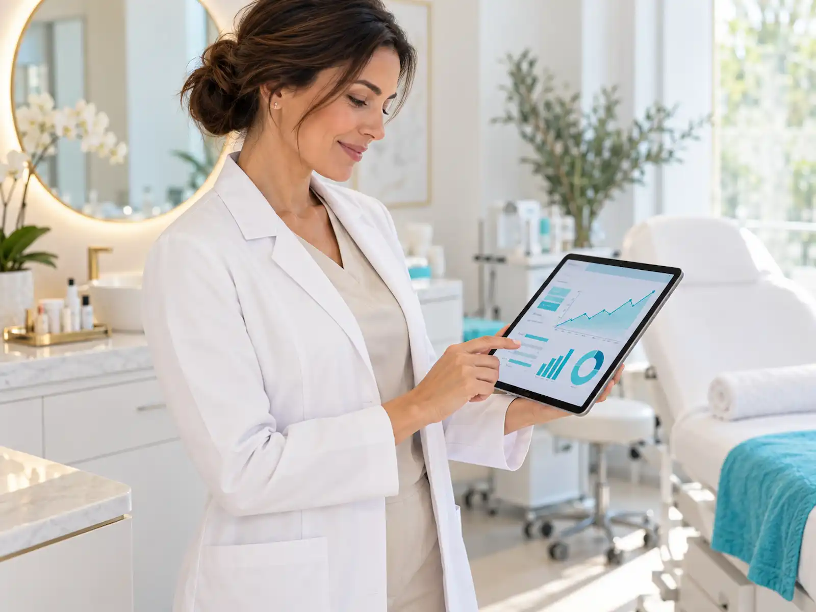 Doctora revisando el rendimiento de campañas estéticas