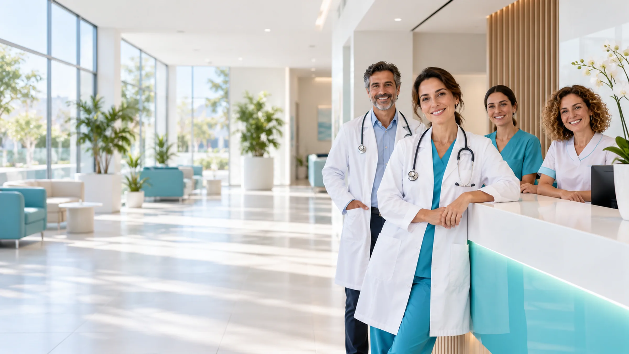 Equipo médico en la recepción de una clínica