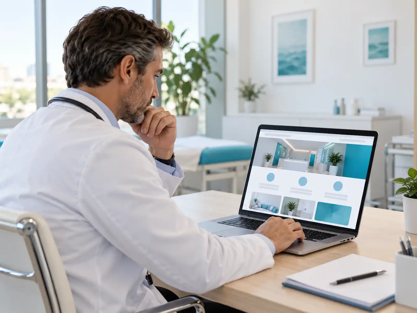 Médico revisando el contenido de su web