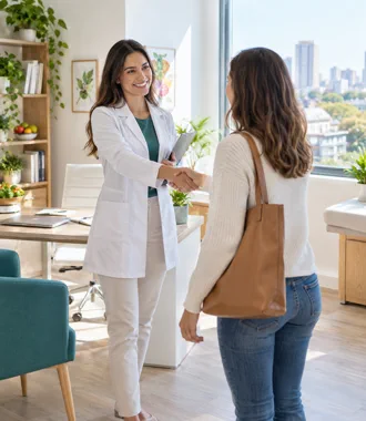 Nutricionista recibiendo a paciente en consulta presencial