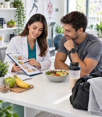 Nutricionista deportivo revisando un plan de rendimiento