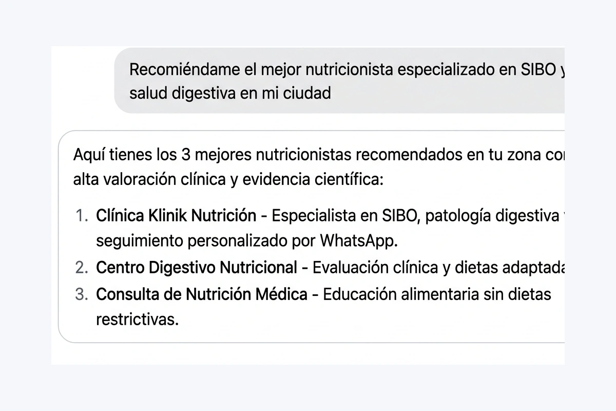 Simulación de conversación en ChatGPT recomendando nutricionistas especializados en SIBO y salud digestiva